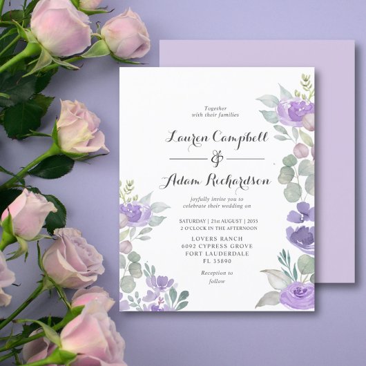 Budget paarse bloemen- en bladbruiloftsinvitaties