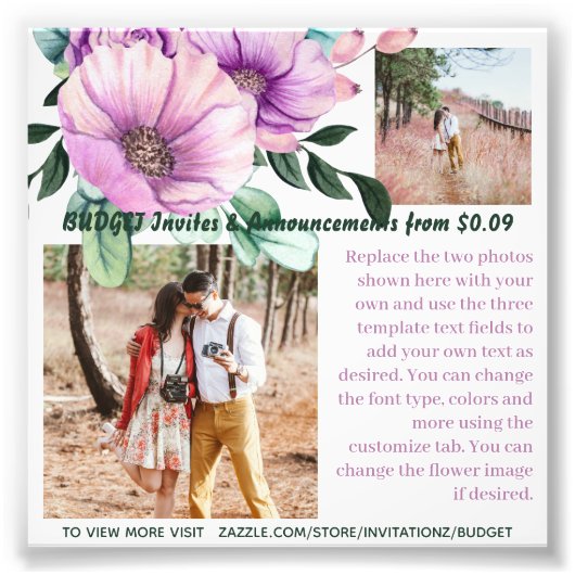 BUDGET Paarse Bloemen Foto Tekst Sjabloon Foto Afdruk (Voorkant)