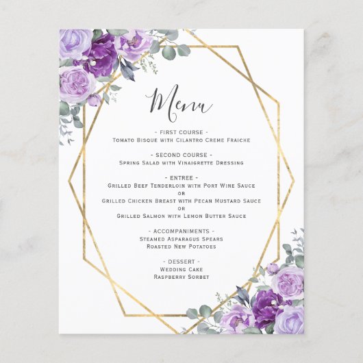Budget Paarse Bloemen Goud Geometrisch Trouwmenu (Voorkant)