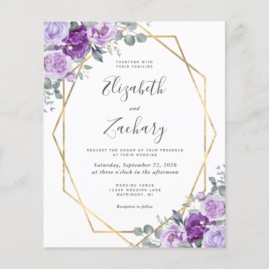 Budget Paarse Bloemen Goud QR Code Huwelijksuitnod (Voorkant)