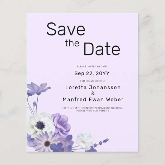 Budget Paarse Bloemen Save the date Kaart Invitati (Voorkant)