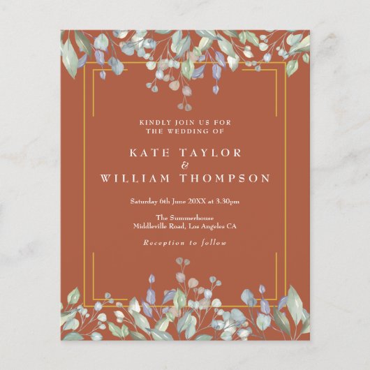 Budget Paarse Bloemen Terracotta Trouw Uitnodiging (Voorkant)