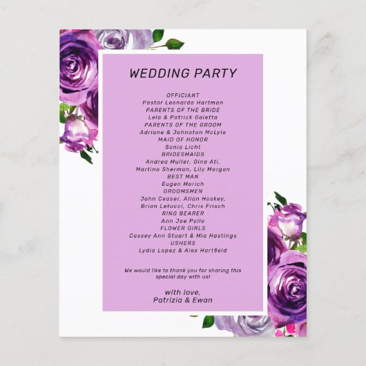 Budget Paarse Bloemen Trouwprogramma Flyer (Achterkant)