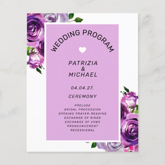 Budget Paarse Bloemen Trouwprogramma Flyer (Voorkant)