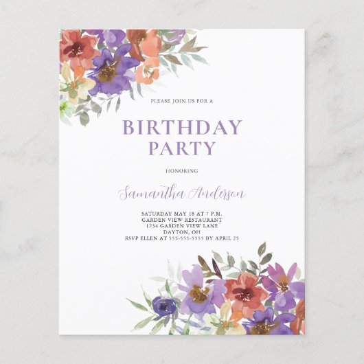 Budget Paarse Bloemen Verjaardagsuitnodiging Flyer (Voorkant)