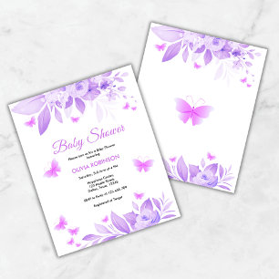 Budget Paarse Bloemen Vlinder Baby shower Uitnodig