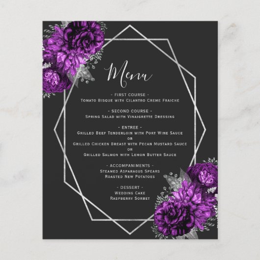Budget Paarse Bloemen Zilver Geo Zwart Trouwmenu (Voorkant)