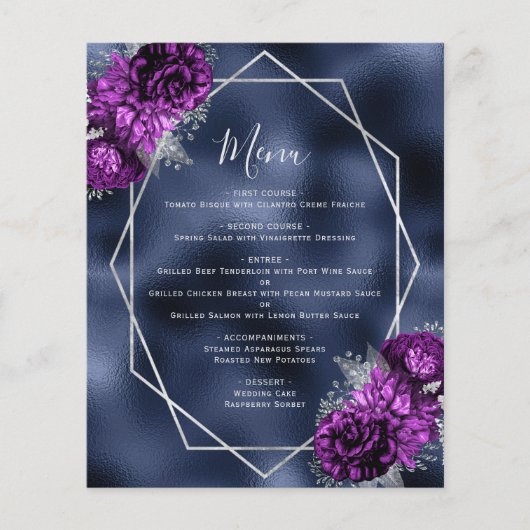 Budget Paarse Bloemen Zilveren Navy Folie Trouwmen (Voorkant)