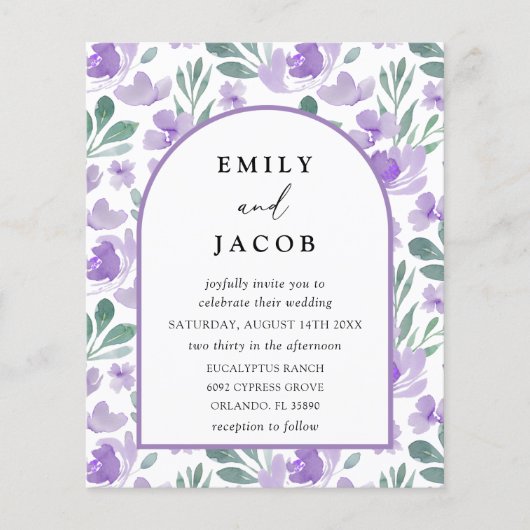 Budget Paarse Bloemenboog Huwelijksuitnodiging (Voorkant)
