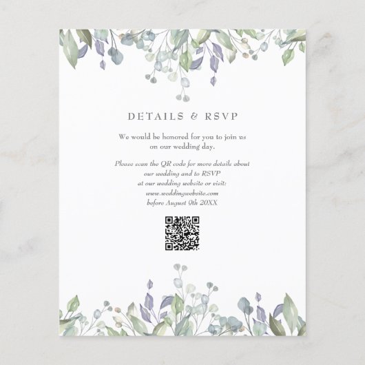 Budget Paarse Bloemencode QR Code Trouwuitnodiging (Achterkant)