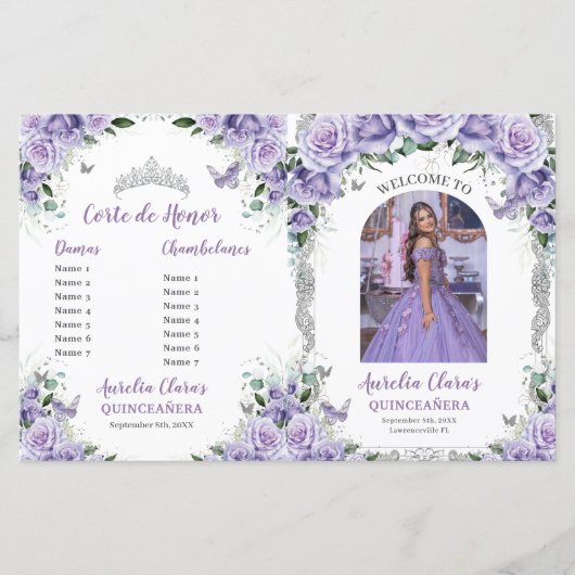 Budget paarse bloemige Quinceanera 15 foto-program (Voorkant)