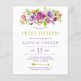Budget paarse bloemige Sweet 16 verjaardagsuitnodi