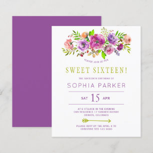 Budget paarse bloemige Sweet 16 verjaardagsuitnodi