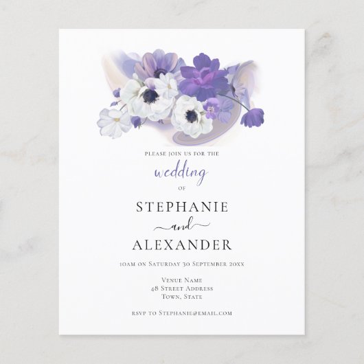 Budget paarse bloemige trouw uitnodiging (Voorkant)