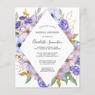 Budget Paarse Blue Floral Bridal Shower Uitnodigin