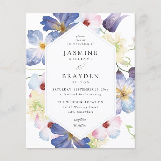 Budget Paarse Blue Floral Wedding Flyer (Voorkant)