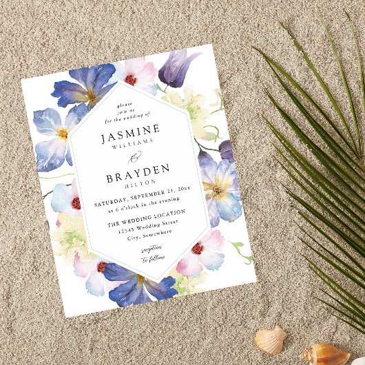 Budget Paarse Blue Floral Wedding Flyer