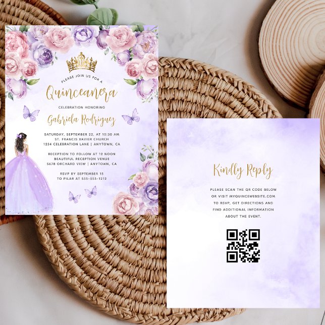 Budget Paarse Blush Bloemen QR Code Quinceañera (Creator heeft geüpload)