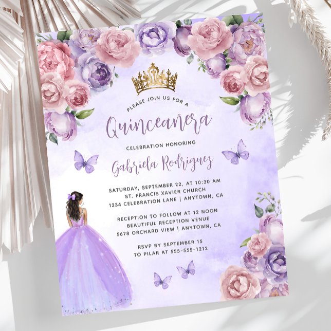 Budget Paarse Blush Bloemen Quinceañera Uitnodigen (Creator heeft geüpload)
