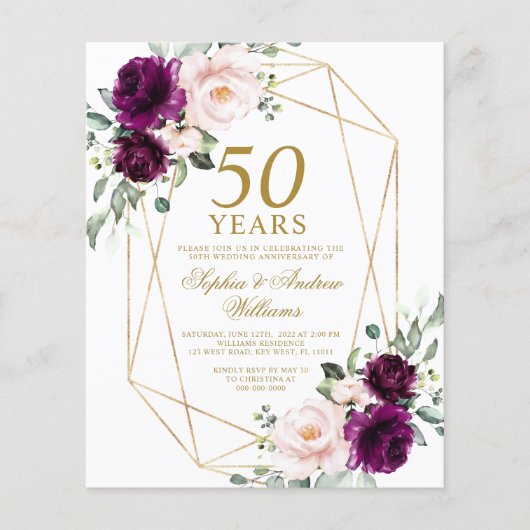 Budget Paarse & Blush bruiloft Jubileum Uitnodigen (Voorkant)