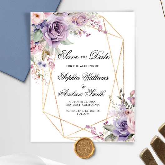 BUDGET Paarse & Blush Floral Save The Date Kaart