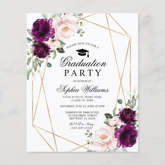 Budget Paarse & Blush Graduation Party Uitnodiging (Voorkant)