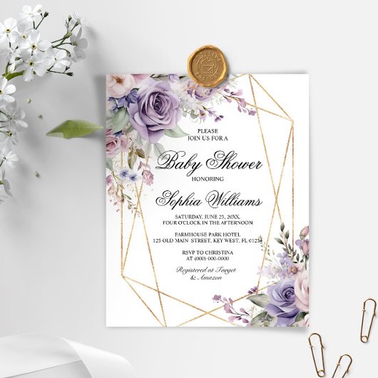Budget Paarse & Blush Roos Baby shower Invitation