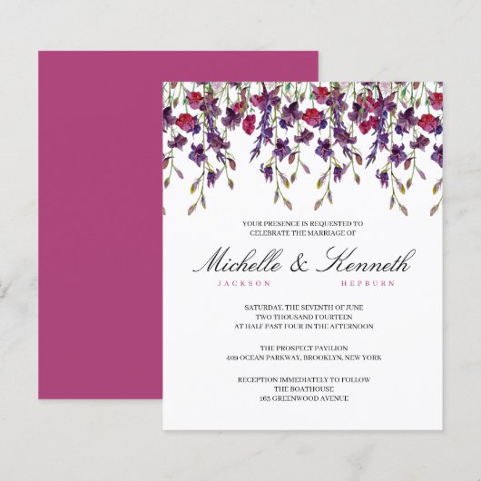 Budget Paarse Botanical Wedding Invitation (Voorkant / Achterkant)