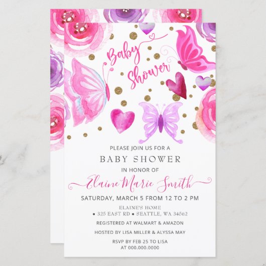 Budget Paarse Butterflies Baby shower Uitnodiging (Voorkant / Achterkant)