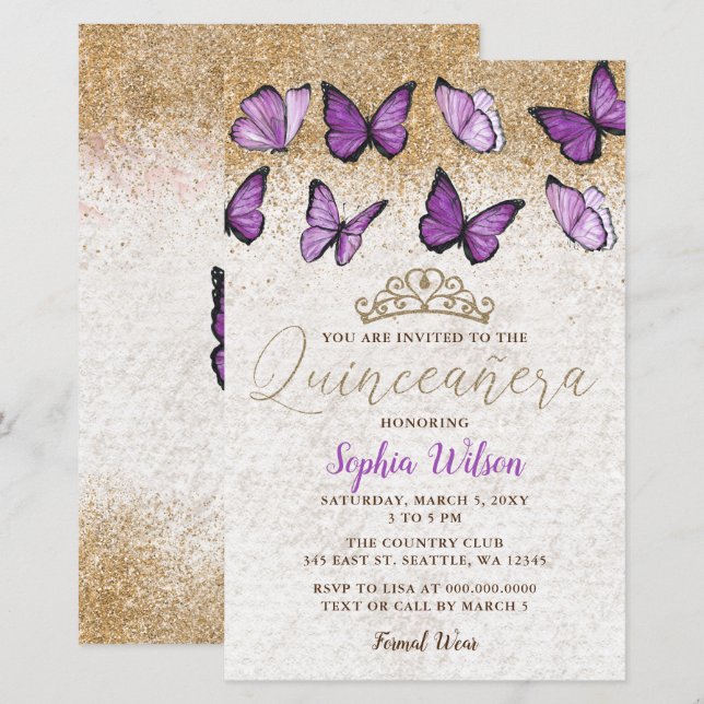 Budget Paarse Butterfly Quinceañera Uitnodiging (Voorkant / Achterkant)