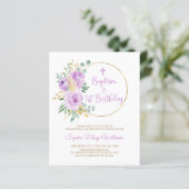 Budget Paarse doop & eerste verjaardagsuitnodiging (Staand voorkant)