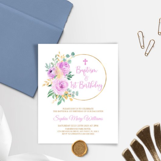 Budget Paarse doop & eerste verjaardagsuitnodiging