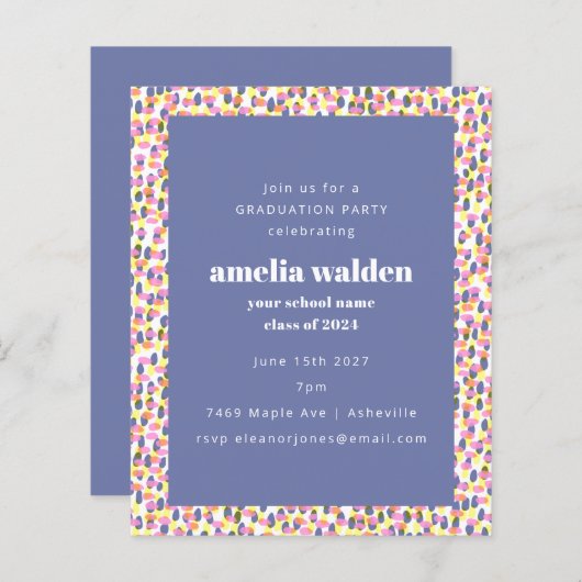Budget Paarse Dot Pattern Afstuderen Invitation (Voorkant / Achterkant)