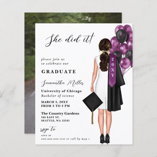 Budget Paarse eenvoudige foto Ze deed het Afstuder (Voorkant / Achterkant)