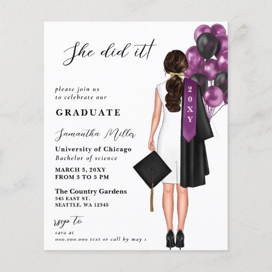 Budget Paarse eenvoudige foto Ze deed het Afstuder (Voorkant)