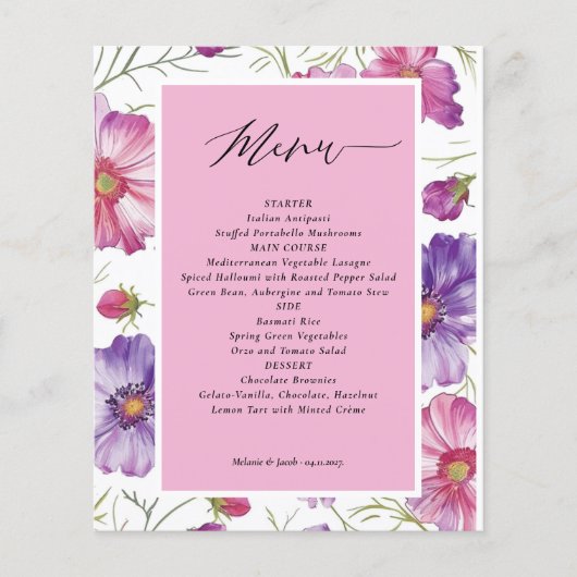 Budget Paarse en Roze Bloemen Wedding Menu Kaart (Voorkant)