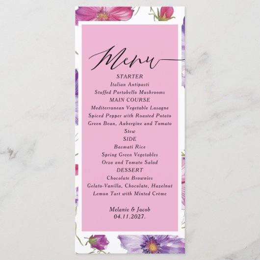 Budget Paarse en Roze Bloemige Trouw Menu (Voorkant)
