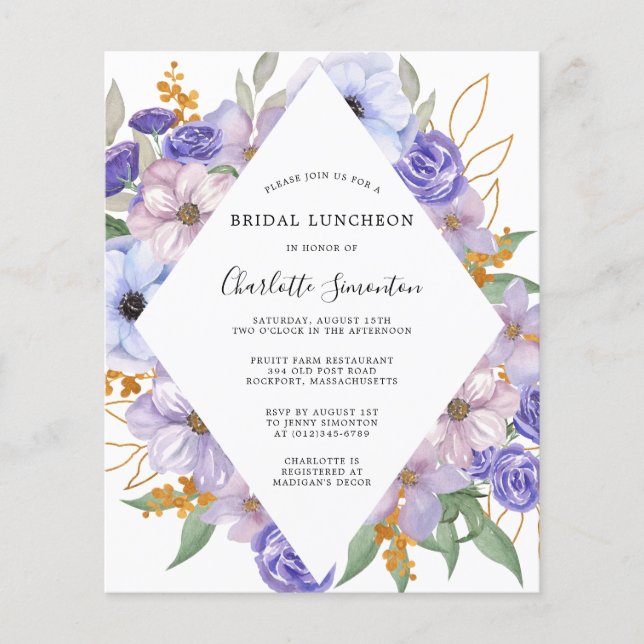 Budget Paarse Floral Bridal Luncheon Uitnodiging (Voorkant)