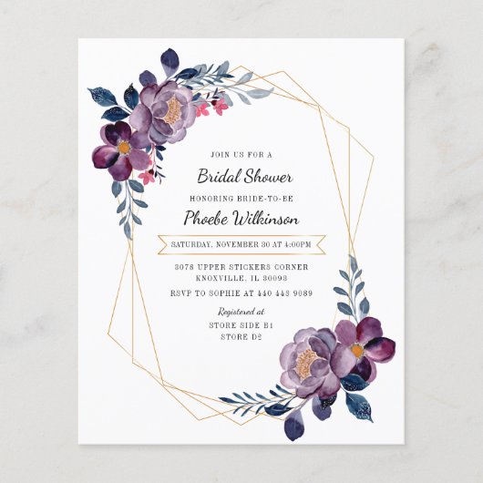 Budget Paarse Floral Bridal Shower Flyer (Voorkant)