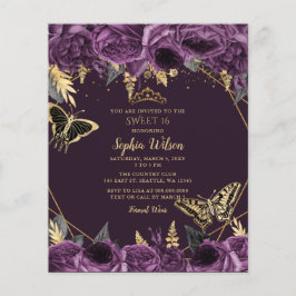 Budget Paarse Floral Butterfly Sweet 16 Uitnodigin