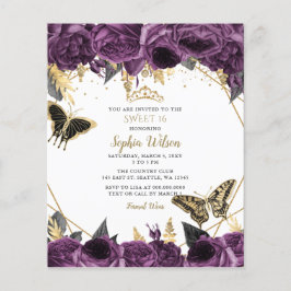 Budget Paarse Floral Butterfly Sweet 16 Uitnodigin