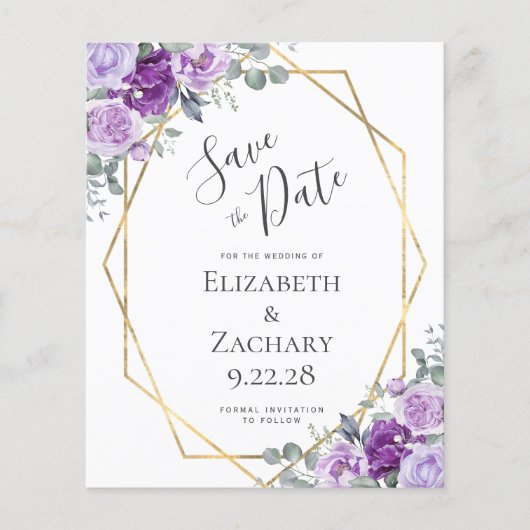 Budget Paarse Floral Gold Wedding Save the Date (Voorkant)