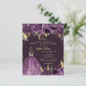 Budget Paarse Floral Princess Sweet 16 Uitnodiging (Staand voorkant)
