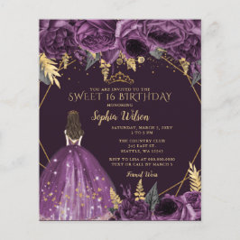 Budget Paarse Floral Princess Sweet 16 Uitnodiging