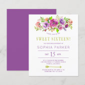 Budget paarse floral Sweet 16 verjaardagsuitnodigi (Voorkant / Achterkant)