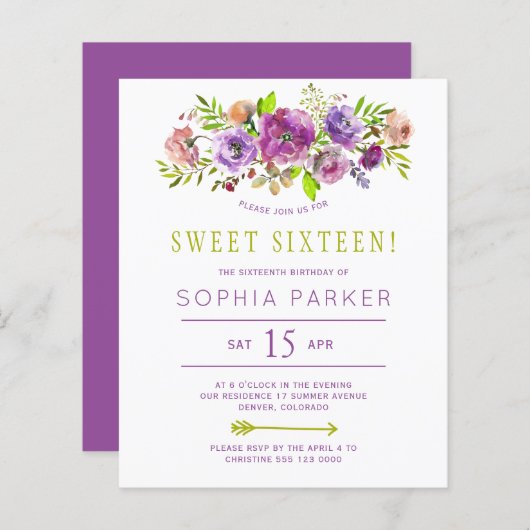 Budget paarse floral Sweet 16 verjaardagsuitnodigi (Voorkant / Achterkant)