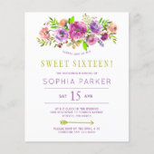 Budget paarse floral Sweet 16 verjaardagsuitnodigi (Voorkant)