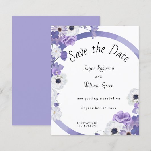 Budget Paarse Floral Wedding Save the Date Kaart (Voorkant / Achterkant)