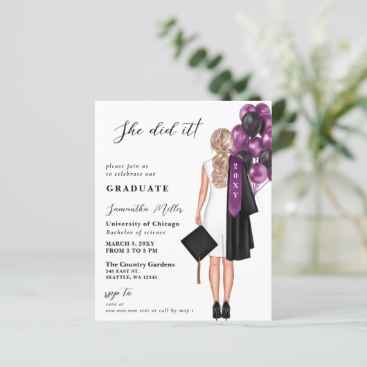 Budget Paarse foto ze deed het Afstuderen uitnodig (Staand voorkant)