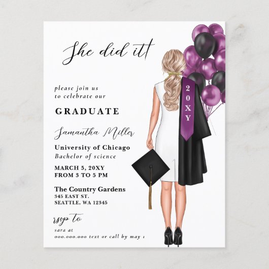 Budget Paarse foto ze deed het Afstuderen uitnodig (Voorkant)